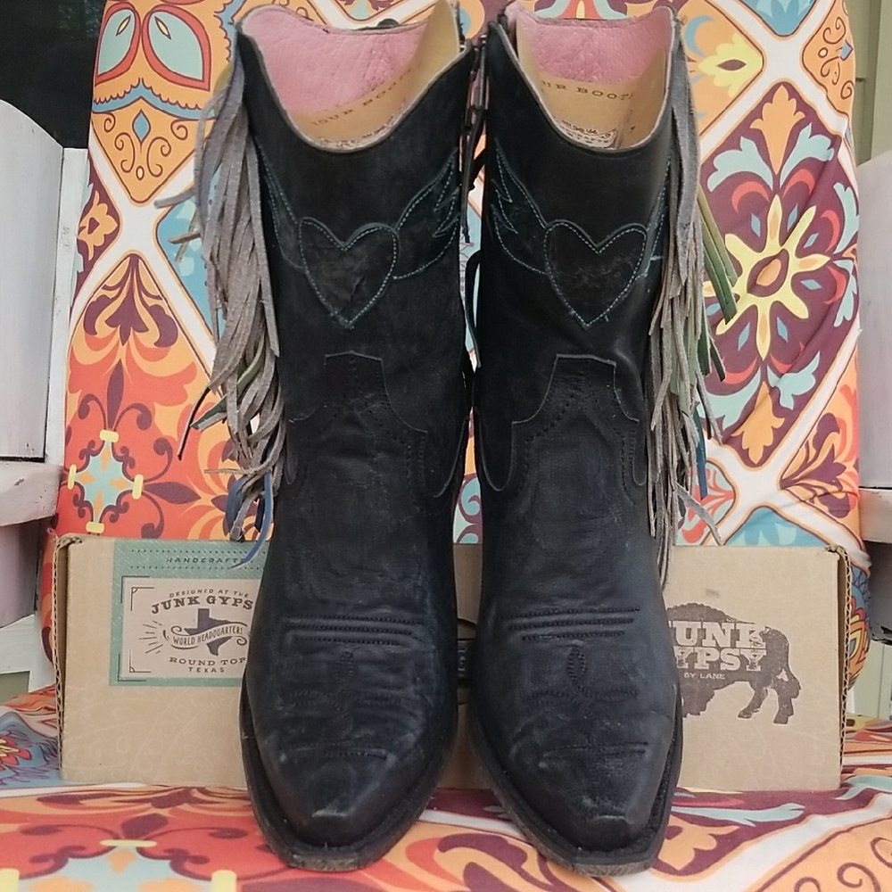 JUNK GYPSY TEXAS Black Ankle Boots with FRINGE LIKE NEW